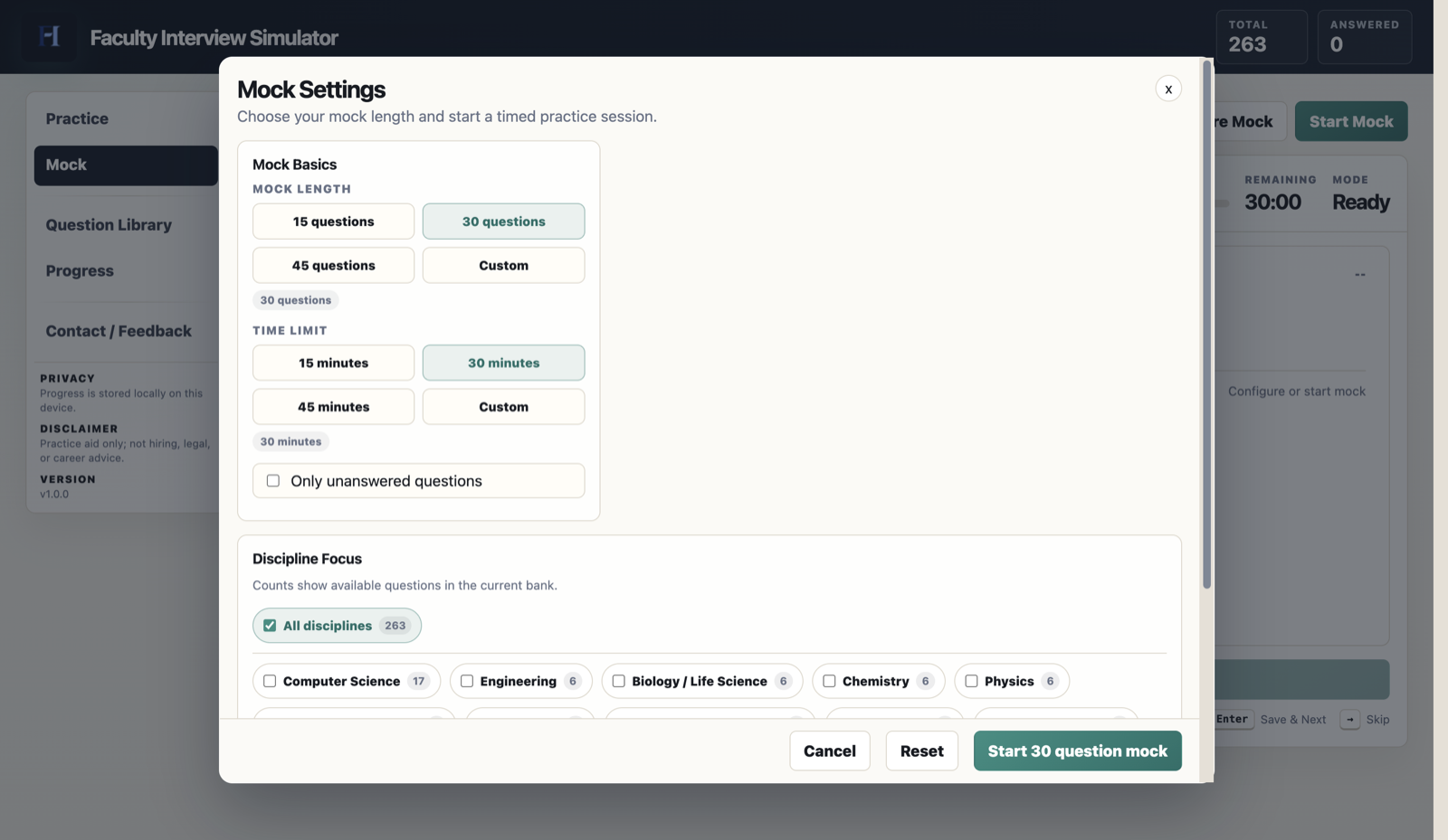 Mock settings screen with question count, time limit, discipline focus, and start button.