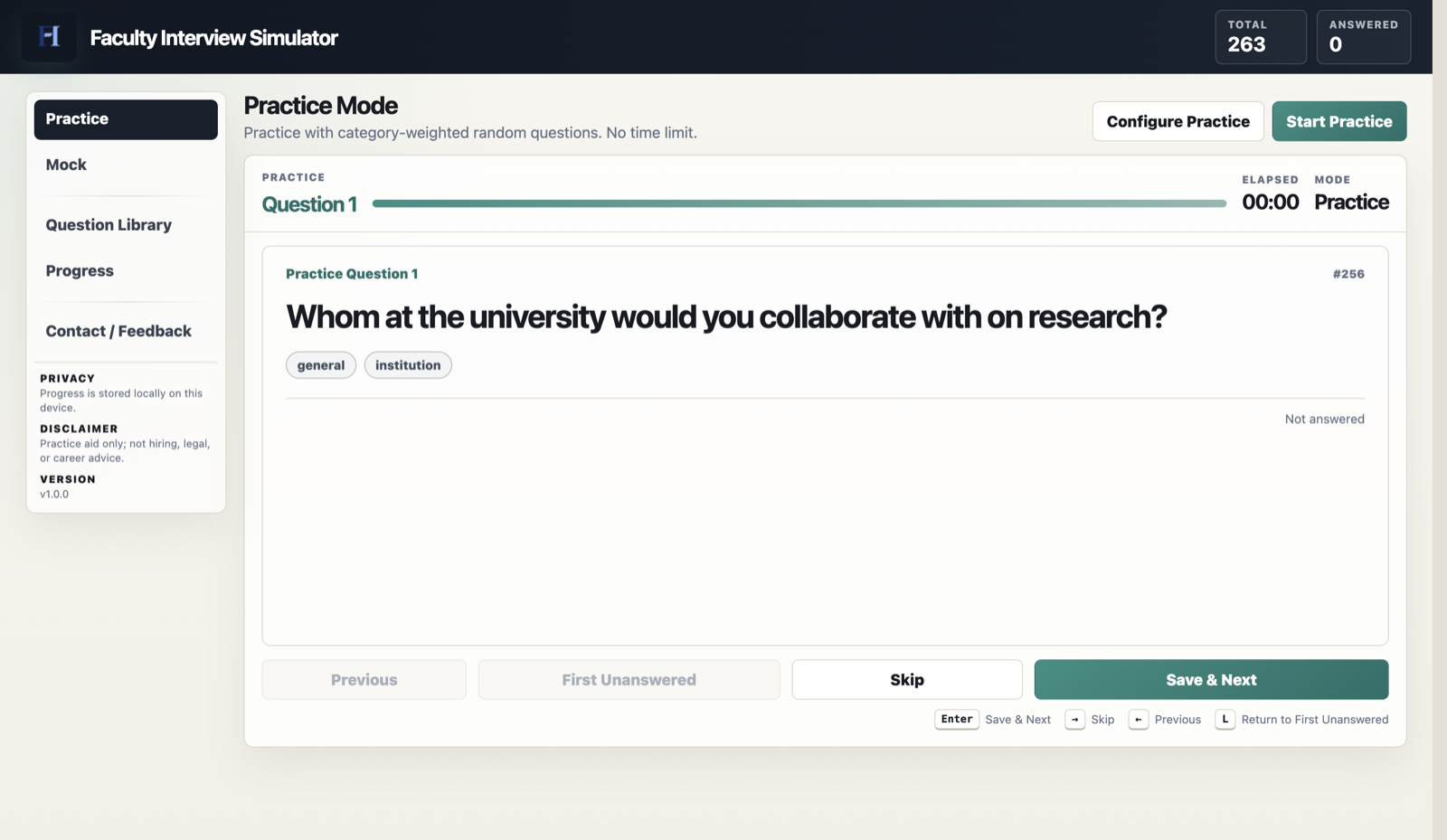 Faculty Interview Simulator Practice Mode showing an interview prompt, answer controls, and keyboard shortcuts.