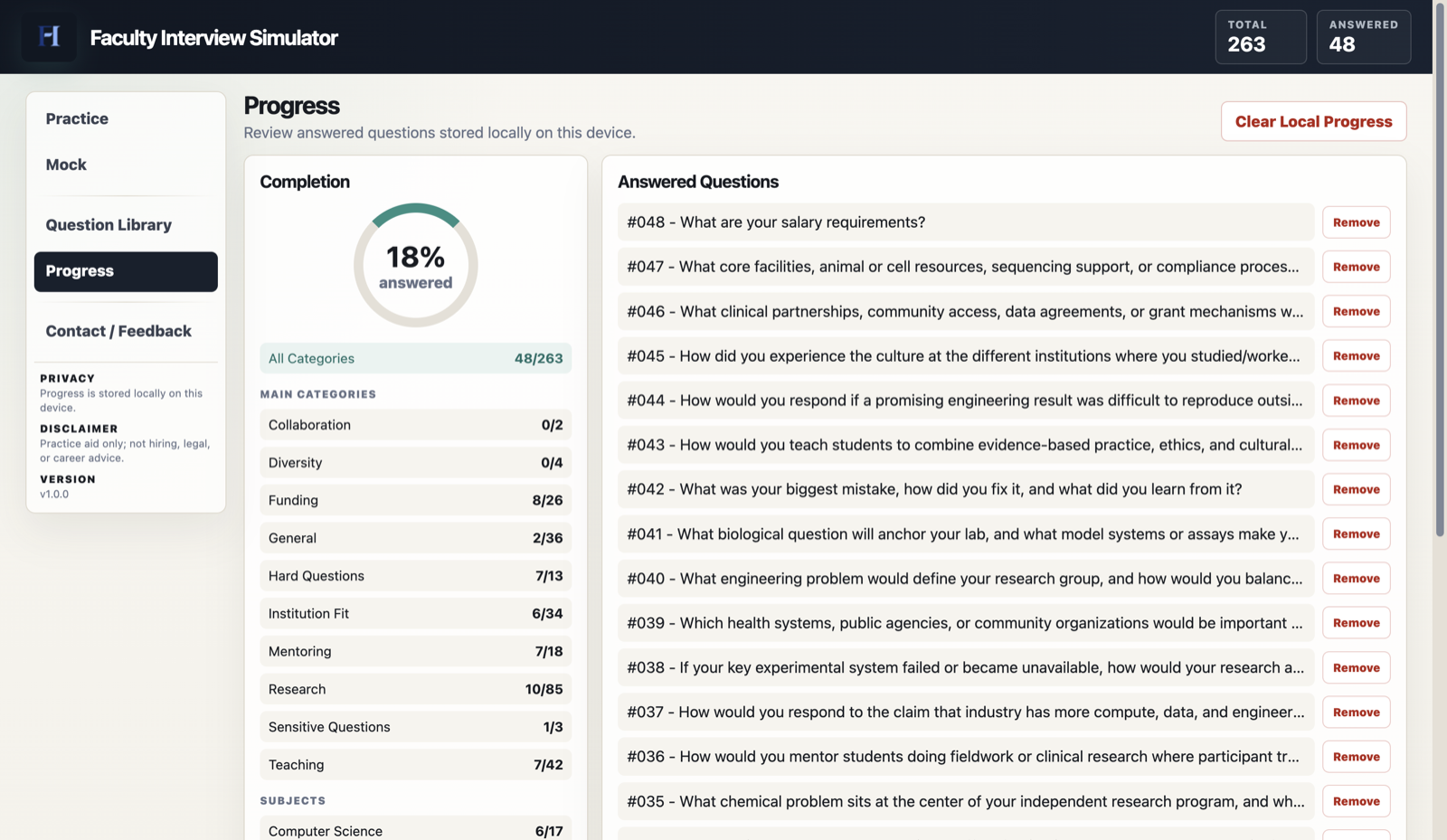 Progress page showing completion stats, categories, and answered questions.