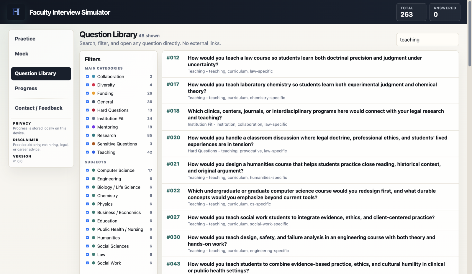 Searchable Question Library with category and subject filters.